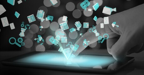 Digital interface with data processing over person using digital tablet against spots of light