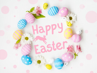 Happy Easter. Festive background. Spring holiday ornament. Pastel pink blue yellow colorful painted egg flowers round frame composition with greeting words rabbit design isolated on white banner.