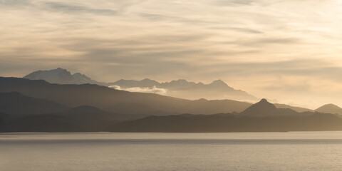 Panorama of Monte Cinto mountains at sunset in Corsica