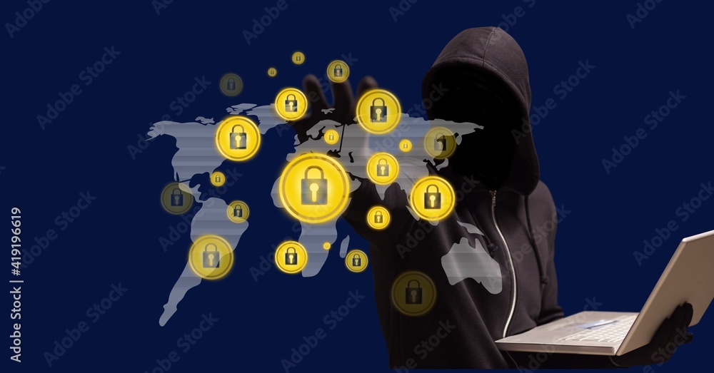 Poster multiple security padlock icons over world map against male hacker on blue background