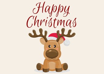Happy christmas text with baby reindeer on light pink background