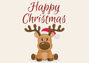 Happy christmas text with baby reindeer on light pink background © vectorfusionart