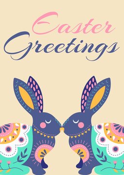 Easter greetings text with easter bunnies on yellow background