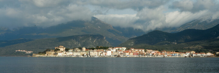 Fototapeta na wymiar Town of Saint Florent, view from the sea, Corsica