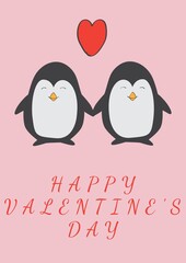 Happy valentine's day text with penguins holding hands and red heart on pink background