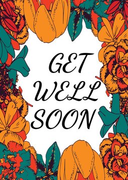 Get well soon text with illustration of flowers on white background