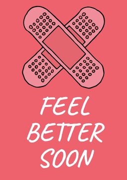 Feel better soon text with crossed pink plasters on red background
