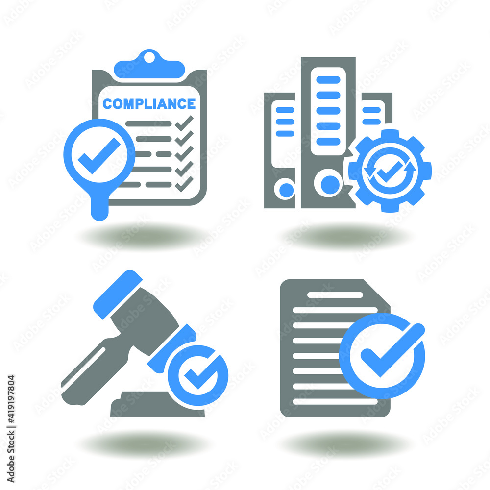 Poster compliance regulations standards law policies rules symbol. checklist with magnifier and check mark,