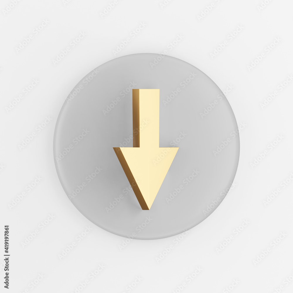 Poster down arrow gold icon. 3d rendering gray round key button, interface ui ux element.