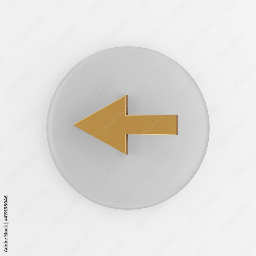 Poster left arrow gold icon. 3d rendering gray round key button, interface element.