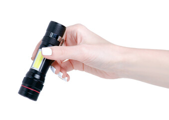 flashlight electric lamp in hand on white background isolation