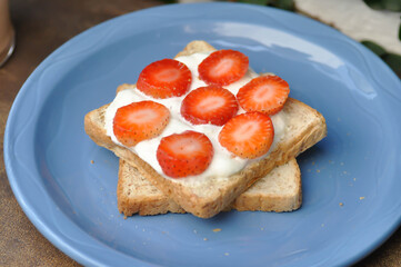 bread, toast with whipped cream and strawberry