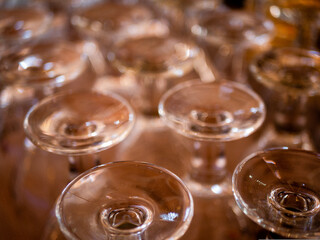 Beer glasses on the bar of a restaurant.  Photo taken from an overhead plane.