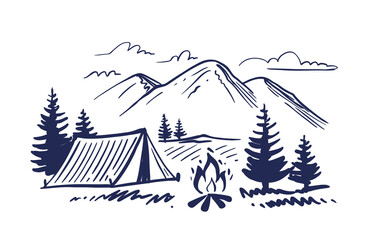 Sketch nature with mountains and camping. Design for textile, fabrics, graphics, prints, t-shirts.