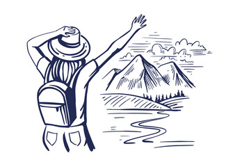  Tourist stands and waves her hand to new adventures. Sketch woman and nature with mountains. Illustration for prints on t-shirts bags, posters, cards