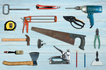 Many Tools isolated on white background. Top view.