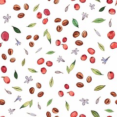 Watercolor and ink coffee elements pattern on white. Seamless pattern with fresh coffee. Colorfull background for textile, wallpapers, print and banners.