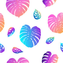 Pattern vector neon tropical leaves of palm, monstera, fern. Pink, purple and blue plants