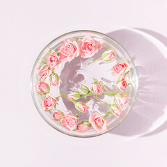Floating soft pink roses in aromatherapy bowl with water. Top view minimal concept. Sun and shadows. Pastel background.