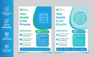 flyer design for medical, annual report, health care print-ready file for business use trendy unique flyer design templates in A4 size. Vector illustrations for medical, healthcare, pharmacy presente
