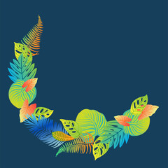 Neon tropical leaves of palm trees, monstera, fern and other plants. Vector color sketch on a blue background. Ultraviolet blue, turquoise, orange