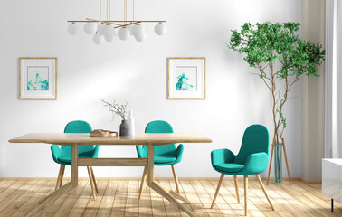 Interior design of modern dining room, wooden table and turquoise chairs 3d rendering