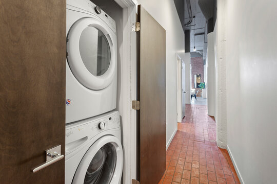 White Stackable Laundry Room For Small Space Apartment