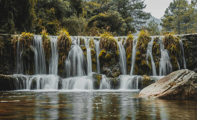 Waterfall in the middle of nature. Long exposition. green glass and a lot of water.