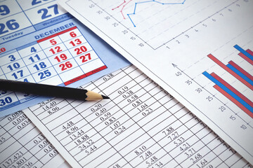 Photos of numbers and graphs with a calendar showing the calculation