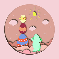 Easter illustration. Paper cut effect card. Cute Easter bunny Minty found a real chicken among the chocolate eggs. 