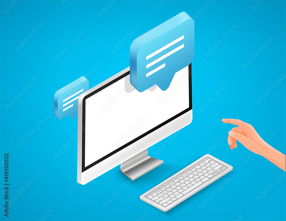 Poster Man using communication application on computer. Isometric vector illustration