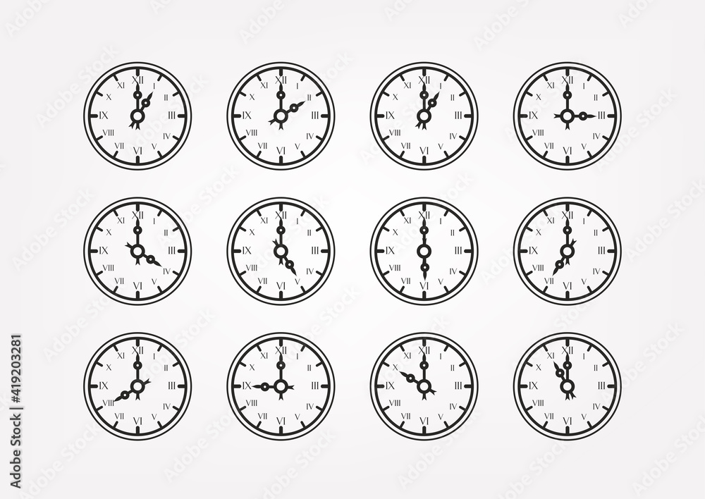 Poster Retro style clock vector silhouettes with different arrows position