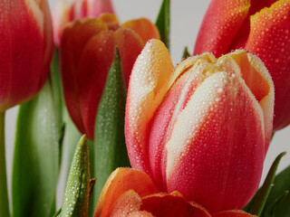 Naklejka premium Bouquet of tulips on a wooden rustic table. Spring holidays concept background.