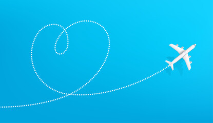 Honeymoon travel destination. Airplane drawing heart sign