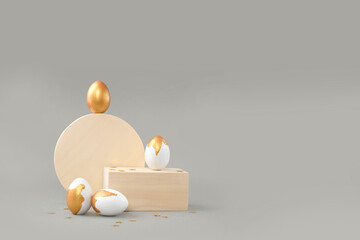 Mock up Easter composition with golden painted eggs and geometric shapes on grey background. Minimalist elegant concept for greeting card or sale. Creative eco  design.