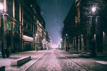 Alcalá street towards Sol covered in snow during largest blizzard in decades, Madrid, Spain