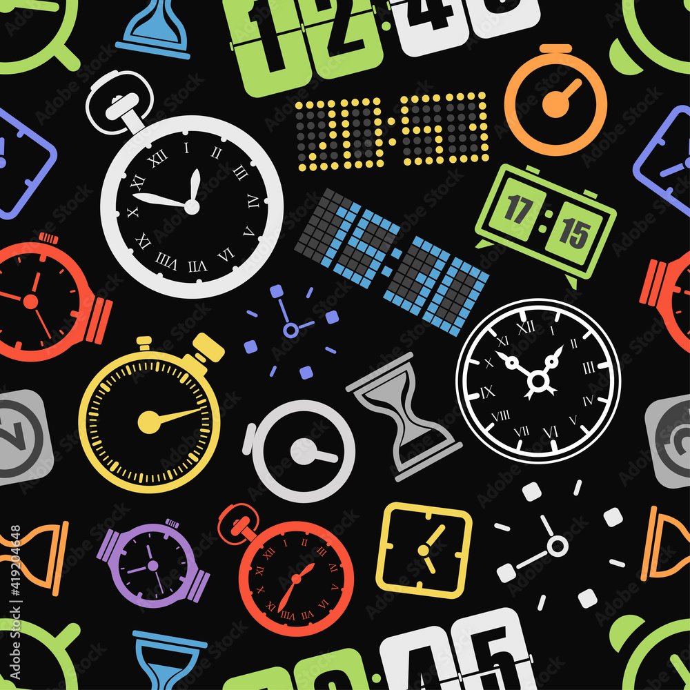 Poster different style clock vector silhouettes seamless background