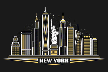 Vector illustration of New York City, poster with symbol of NYC - Statue of Liberty and outline modern city scape, urban contemporary concept with decorative font for words new york on dark background