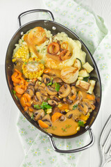 Fried mushrooms with mashed potatoes and corn on the cob picture 01.