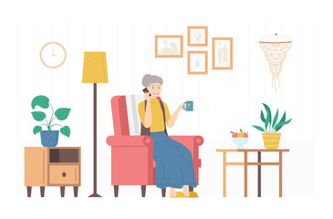 Cartoon Color Character Person Woman and Call Your Mom Concept. Vector