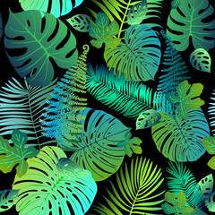 Pattern vector green neon tropical leaves of palm, monstera, fern. Plants on a black background.