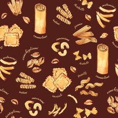 Watercolor and ink pasta pattern on brown. Seamless pattern with several types of fresh italian pasta. Colorfull background for textile, wallpapers, print and banners.