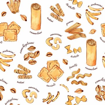 Watercolor and ink pasta pattern on white. Seamless pattern with several types of fresh italian pasta. Colorfull background for textile, wallpapers, print and banners.