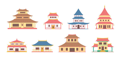 Fototapeta na wymiar Cartoon Color China House Object Icon Set. Vector