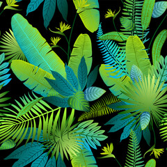 Fototapeta na wymiar Pattern vector green neon tropical leaves of palm, monstera, fern. Plants on a black background.