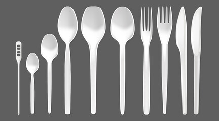 Realistic Detailed 3d Disposable Spoons and Knifes Set. Vector