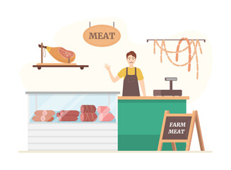 Cartoon Color Character Person Male and Meat Store Concept. Vector