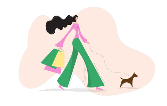 Fashionable Woman Walking With Shopping Bags And A Dog. Vector Flat Style Illustration Of A Lady Shopping And Walking Outdoor.