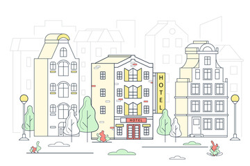 Modern Hotel House Building Concept Contour Linear Style. Vector