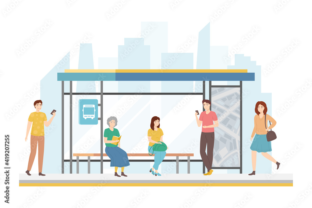 Sticker Cartoon Color Characters People and Bus Station Concept. Vector